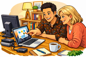 John helping client with new computer setup